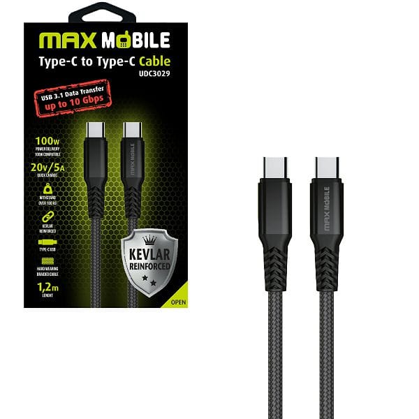 Max Mobile kabel Type C-Type C UDC3029 kevlar crni 3.1 gen. 100W 5A 1.2m