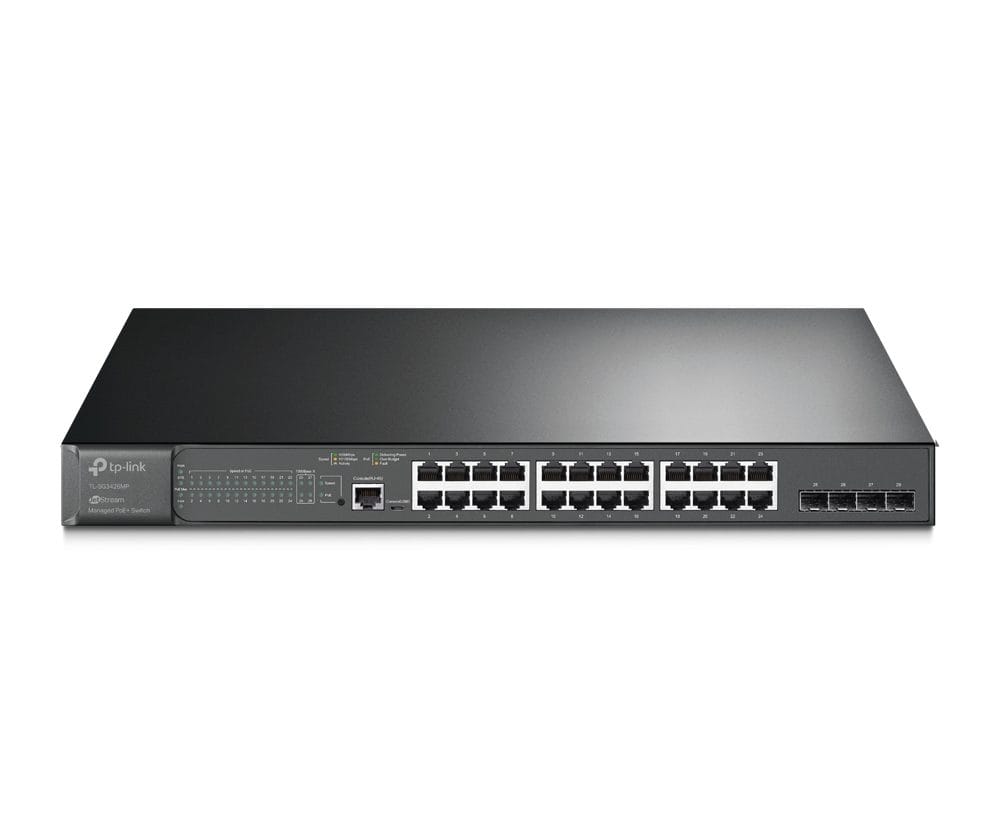 Alternative view of TP-Link Omada JetStream 28-port Gigabit L2+ upravljiv PoE+ preklopnik (Switch), 24×10/100/1000M RJ45 ports, 4×Gbit SFP, RJ45/Micro-USB Console port, 1U 19" rack mount (384W)