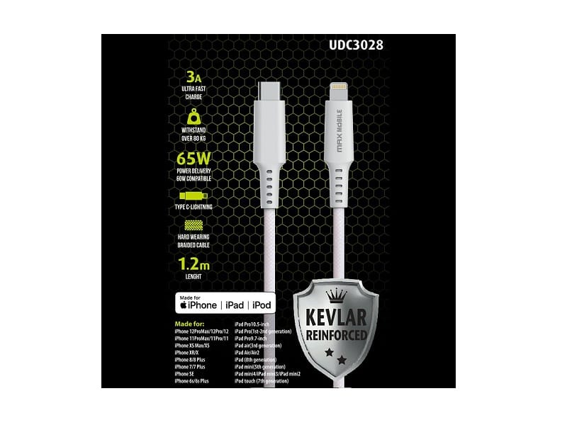 Max Mobile kabel iPhone Lightning - type-C bijeli kevlar QuickCharge 3A 65W