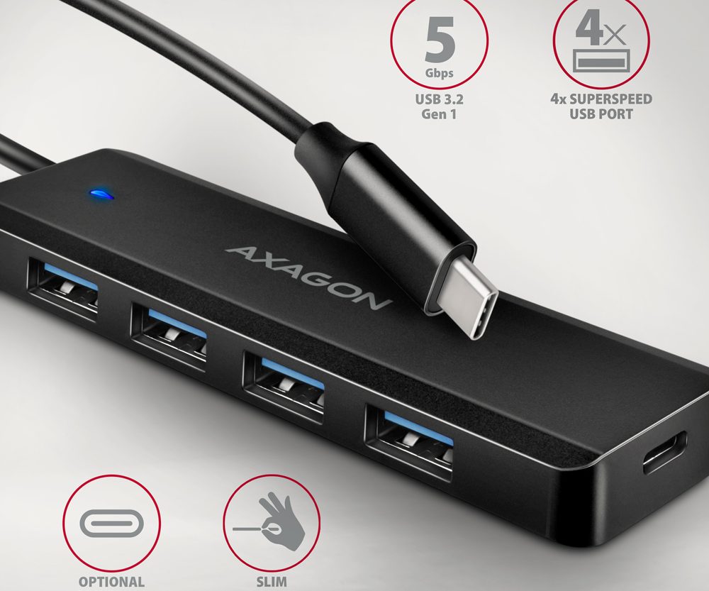 Alternative view of USB HUB 4 x USB 3.2 Gen1, USB-CM, 19cm, USB-C power IN, Axagon HUE-C1C