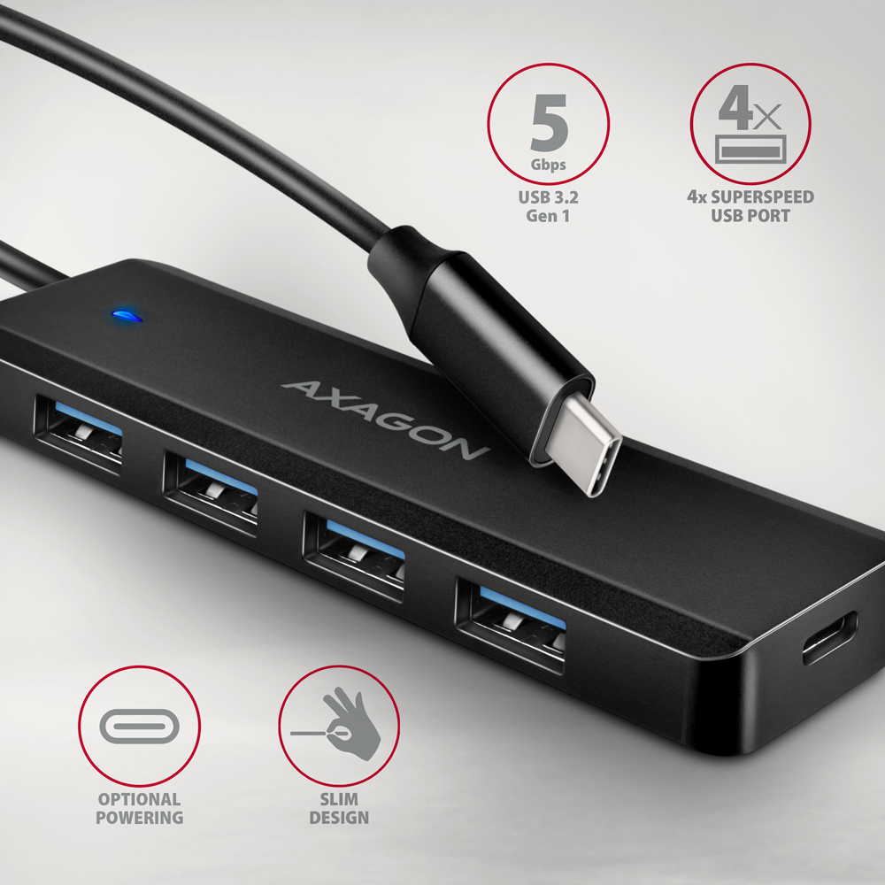 USB HUB 4 x USB 3.2 Gen1, USB-CM, 19cm, USB-C power IN, Axagon HUE-C1C - Slika 2