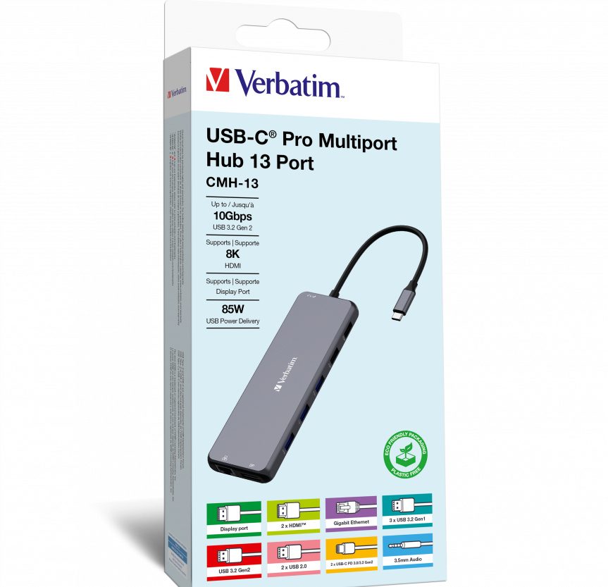 Verbatim USB-C Pro Multiport 13-port Hub, 2×HDMI, 1×DP, 1×RJ45, 3×USB-A 3.2 Gen1, 1×USB-A 3.2 Gen2, 2×USB-A 2.0, 1×Audio, 2×USB-C (PD 100W) CMH-13