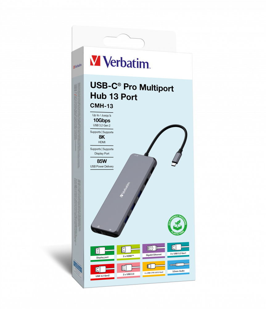 Verbatim USB-C Pro Multiport 13-port Hub, 2×HDMI, 1×DP, 1×RJ45, 3×USB-A 3.2 Gen1, 1×USB-A 3.2 Gen2, 2×USB-A 2.0, 1×Audio, 2×USB-C (PD 100W) CMH-13