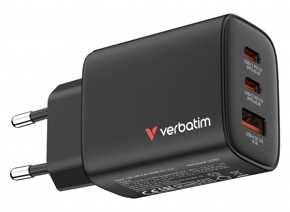 Alternative view of Verbatim GaN Essentials zidni punjač 65W, 2× USB-C i 1× USB-A, crni