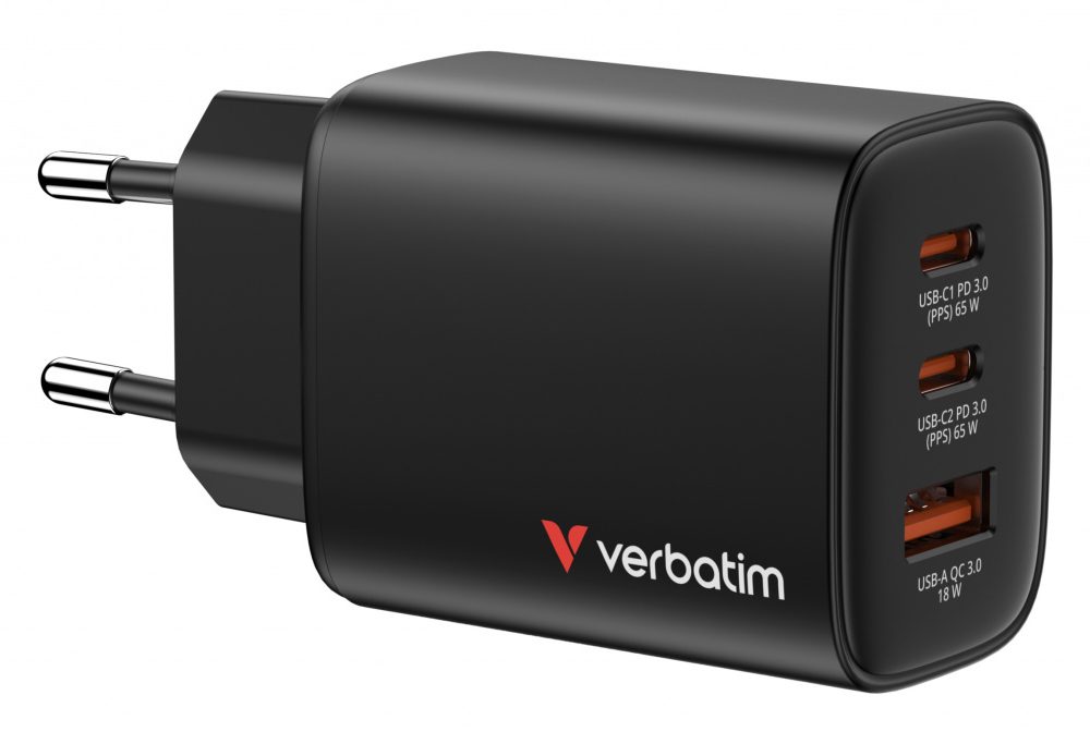 Verbatim GaN Essentials zidni punjač 65W, 2× USB-C i 1× USB-A, crni