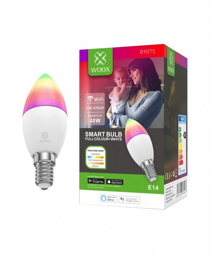 Alternative view of WOOX WiFi Smart LED RGB+CCT žarulja E14, 5W, 470lm, 2700K-6500K dimabilna, WooxHome app, glasovna kontrola - Alexa & Google Assistant (R9075)