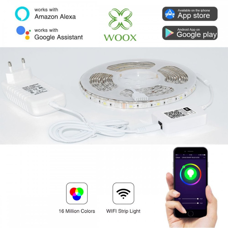 WOOX WiFi Smart LED traka RGB + toplo bijela, 5m, 24W, 150 LED, vodootporna, WooxHome app, glasovna kontrola - Alexa & Google Assistant (R5093) - Slika 3