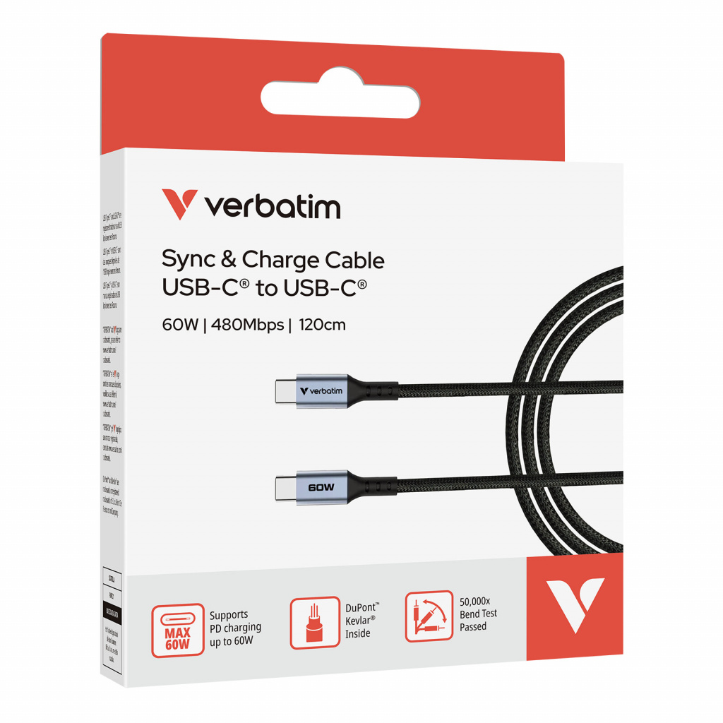Verbatim Sync & Charge kabel USB-C na USB-C, M/M, 60W PD3.0/QC3.0, crni, 1.2m - Slika 8