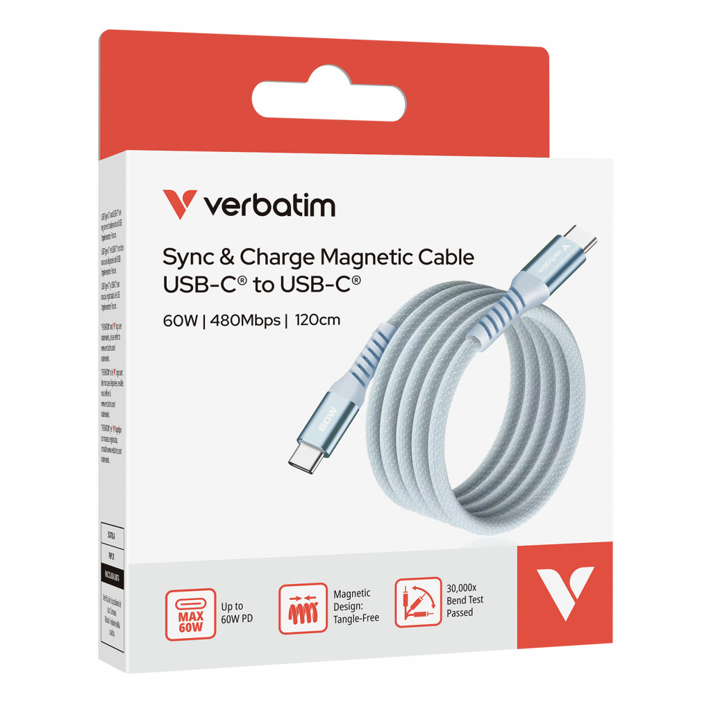 Verbatim Sync & Charge Magnetic kabel USB-C na USB-C, M/M, 60W PD3.0/QC3.0, plavi, 1.2m - Slika 7