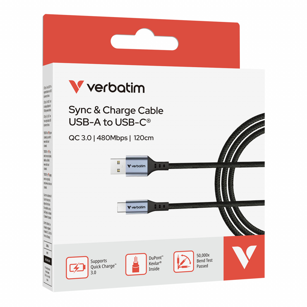 Verbatim Sync & Charge kabel USB-A na USB-C, M/M, 18W QC3.0, crni, 1.2m - Slika 5