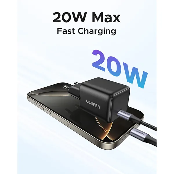 Alternative view of UGREEN zidni punjač 20W, 1×USB-C, GaN, crni
