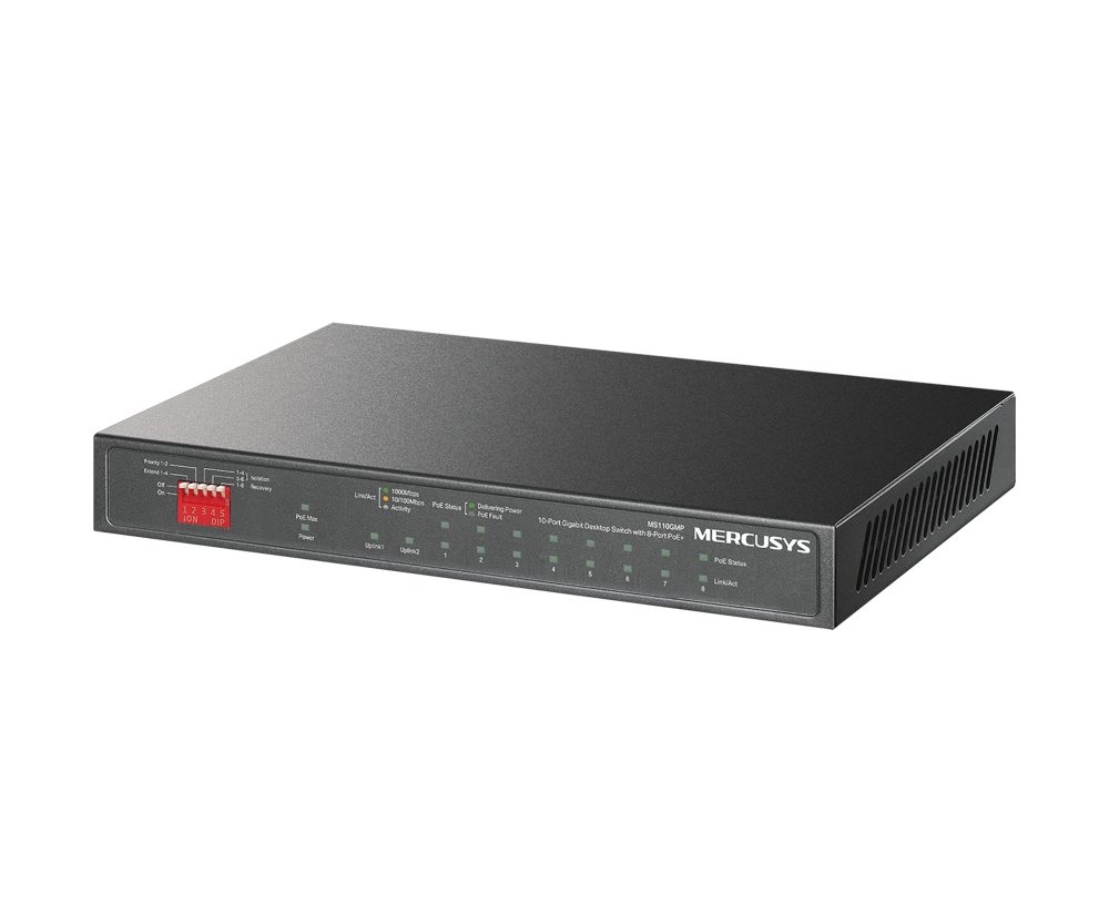 Mercusys 10-Port  10/100Mbps Desktop preklopnik (Switch) 10×10/100/1000Mbps, 8-Port PoE+, Plug & Play, Auto-Negotiation, Auto-MDI/MDIX, metalno kučište