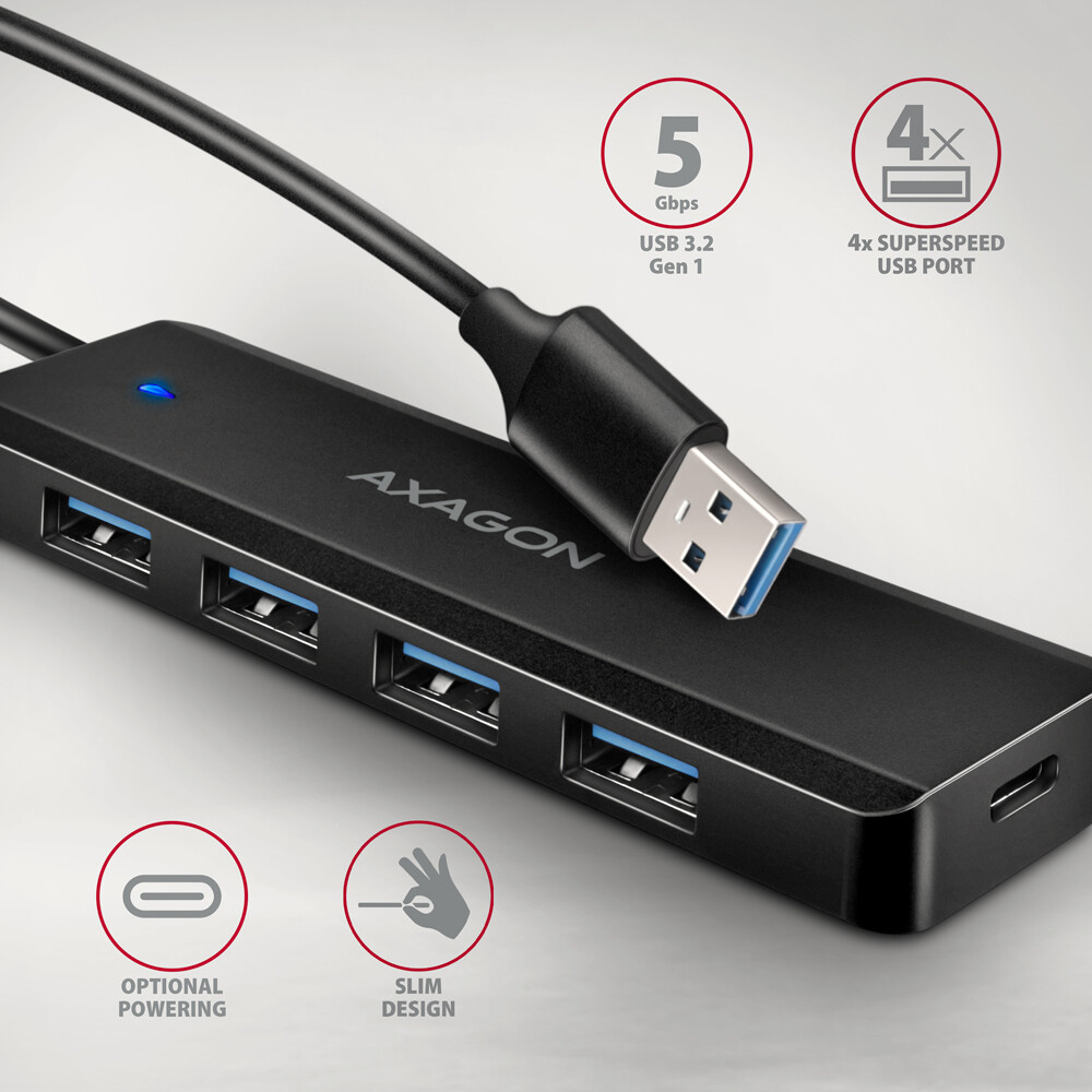 USB HUB 4 x USB 3.2 Gen1, USB-AM, 19cm, USB-C power IN, Axagon HUE-C1A - Slika 2