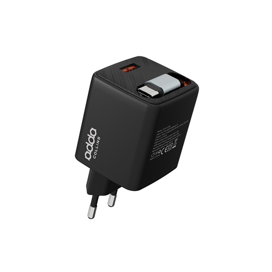 Zidni punjač Adda Collins CH-011-BK Type C ulaz, s integriranom Type C kabelom,30W, GaN, crni