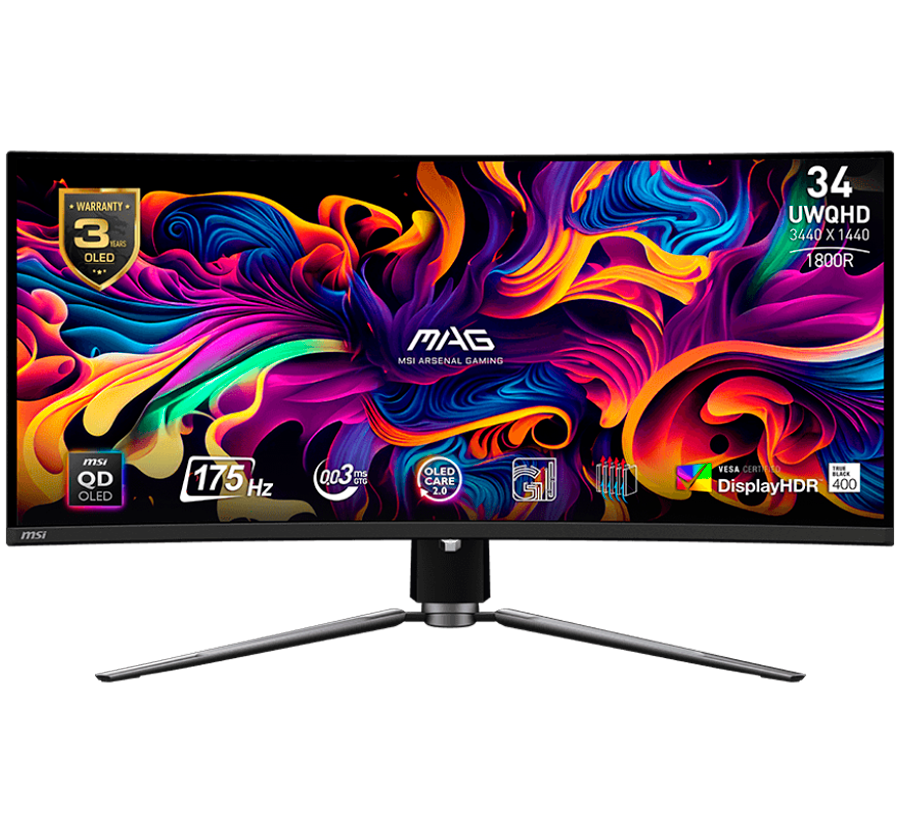 MSI MAG 341CQP QD-OLED Curved Gaming Monitor, 34'', QD-OLED, 175Hz UWQHD (3440x1440), 21:9, 0.03ms GTG, FreeSync Premium Pro, 1800R Curve, DisplayHDR True Black 400, VESA, 1x Display Port (1.4a), 2x HDMITM (2.1), 1x Type-C (DP alt.)