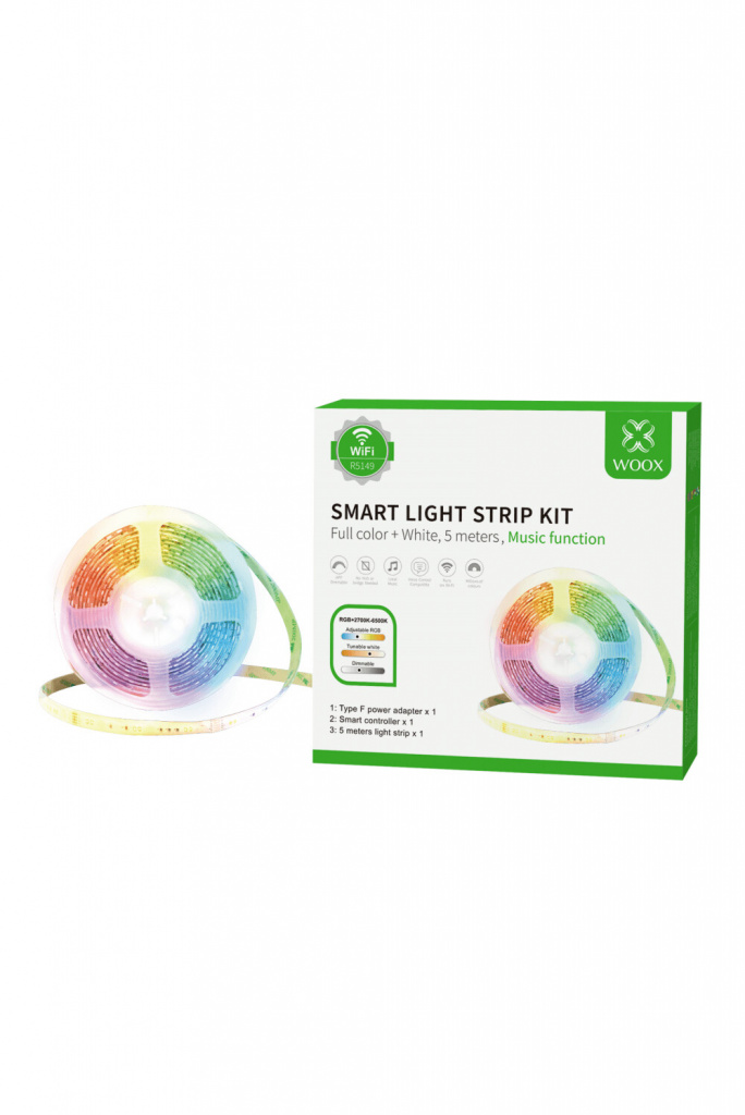 WOOX WiFi Smart LED traka RGB + muzička funkcija, 5m, 24W, 3000K-6500K, vodootporna, WooxHome app, glasovna kontrola - Alexa & Google Assistant (R5149)