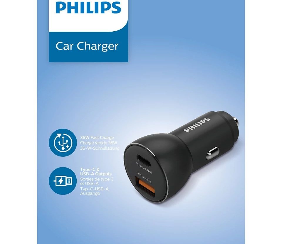 Philips auto punjač, USB-A/USB-C, 36W Fast Charge