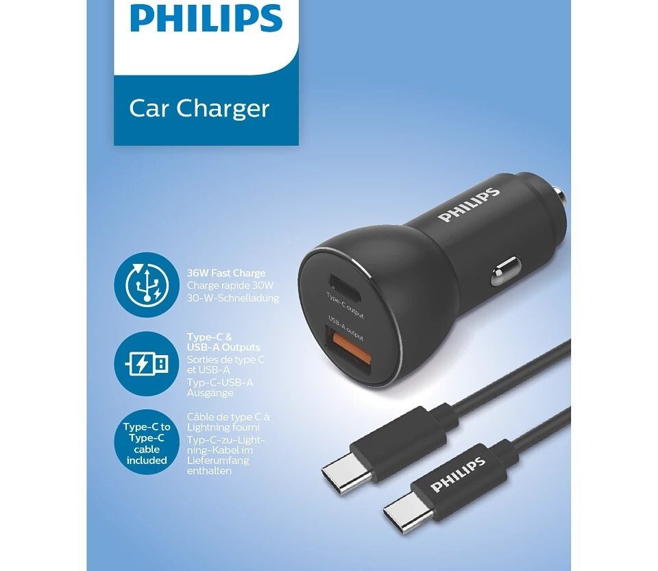 Philips auto punjač, USB-A/USB-C, 36W + kabel