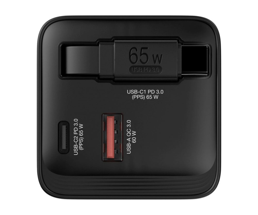 Verbatim GNC-100 GaN zidni punjač 65W USB-C kabel na izvlačenje + 1×USB-A + 1×USB-C