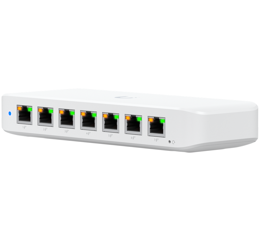 Alternative view of Ubiquiti USW-Ultra-210W-EU compact, Layer 2, 8-port GbE PoE switch with versatile mounting options, 7x GbE PoE+ output ports, GbE port with optional PoE++ input, 202W PoE availability with the included AC power adapter