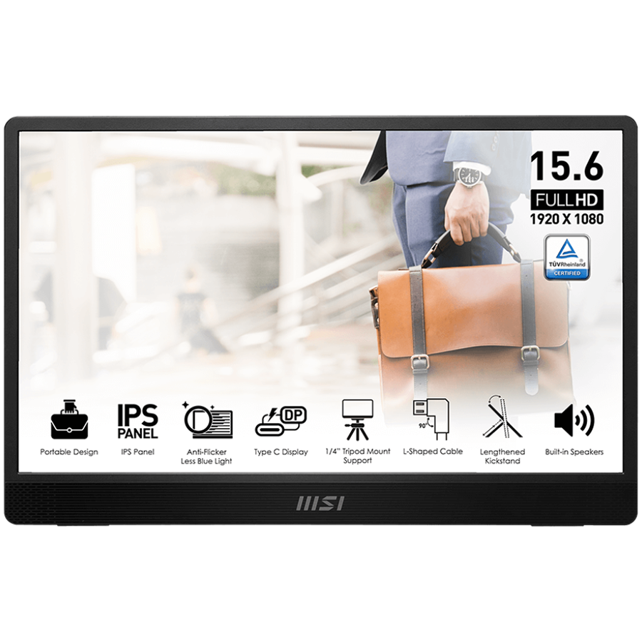 MSI PRO MP161 E2 Portable Monitor, 15.6", 60Hz FHD (1920 x 1080), 16:9, IPS, 250NITS, CR 800:1, 4ms (GTG), Anti-glare, 1x MiniDP, 2x Type-C (DP 1.2a signal with Alt mode & 15W Power Delivery / Power Input), 2x 1.5W Speakers,