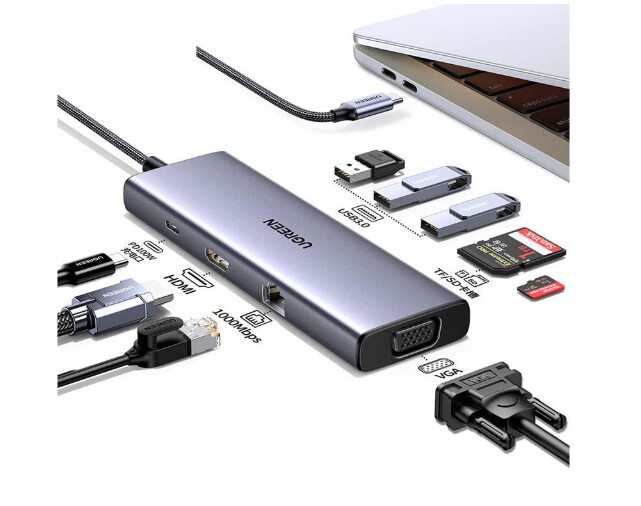 UGREEN 9-portni USB-C HUB 3xUSB-A,1xHDMI 4K 60, 1xVGA, 1xUSB-C PD 100W, 1xRJ45, 1xSD, 1xTF, sivi