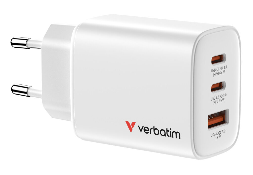 Verbatim GaN Essentials zidni punjač 65W, 2× USB-C i 1× USB-A, bijeli