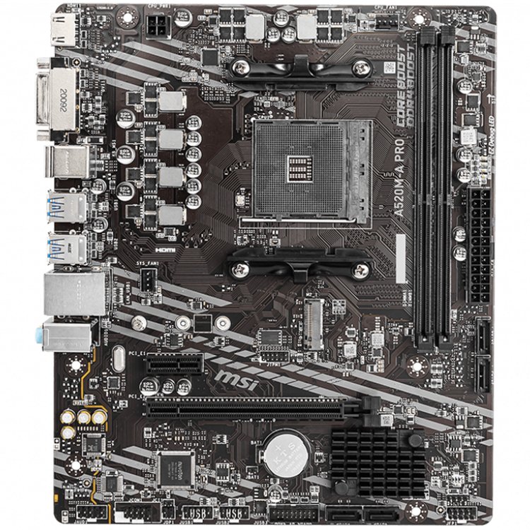 Alternative view of MSI Main Board Desktop A520M-A PRO (A520, AM4, 2xDDR4, 1x PCI-E 3.0 x16 slot,1x M.2 slot,4x USB 3.2 Gen1,2x USB 2.0,1x HDMI,1x DVI-D,Gigabit LAN,7.1 HD Audio, mATX, Retail)