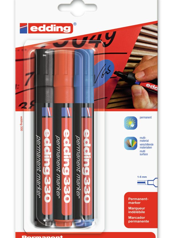 Marker permanentni 1-5 mm klinasti vrh Edding 330/3boje blister
