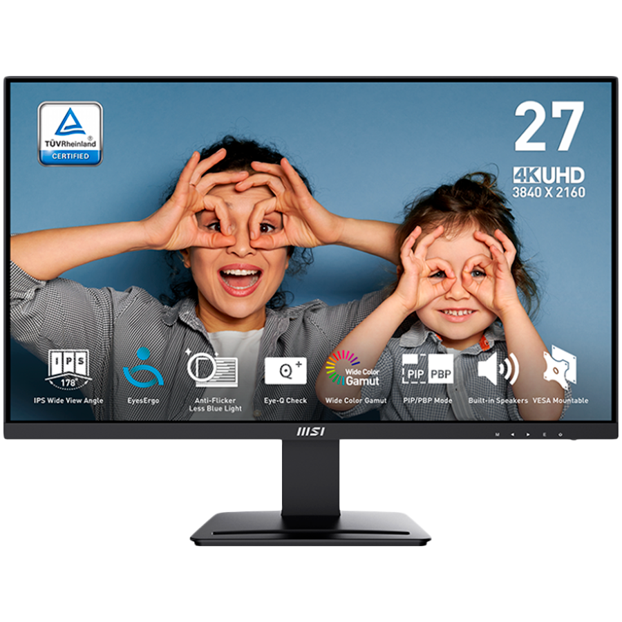 MSI PRO MP273U, IPS, 27'', 3840 x 2160 (UHD), 60Hz, 4ms (GTG), 16:9, Anti-glare, 2x HDMI 2.0b (4K, 60Hz), 1x DP (1.4a), 2x 3W speaker, VESA