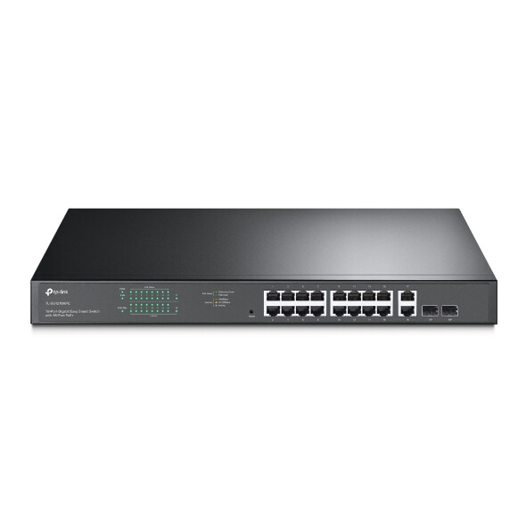 TP-Link JetStream 16-port Gigabit EasySmart PoE+ preklopnik (Switch), 16×10/100/1000M RJ45 PoE, 2×SFP Gigabit, 1U 19" rack-mount kućište (192W)