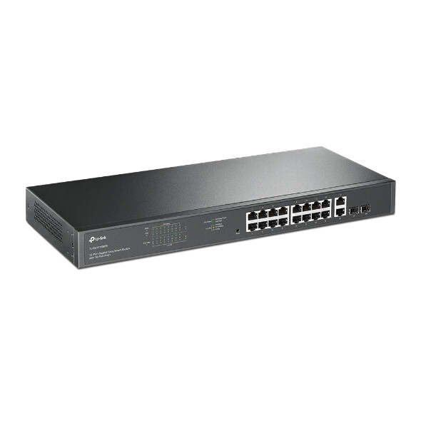 Alternative view of TP-Link JetStream 16-port Gigabit EasySmart PoE+ preklopnik (Switch), 16×10/100/1000M RJ45 PoE, 2×SFP Gigabit, 1U 19" rack-mount kućište (192W)