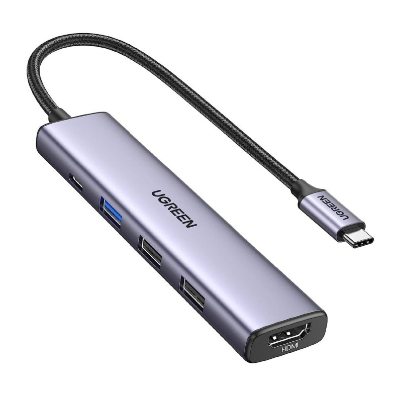 UGREEN 5-portni Revodok 105 USB-C HUB 3xUSB-A, 1xUSB-C 100W PD, 1xHDMI 4K 30Hz, sivi