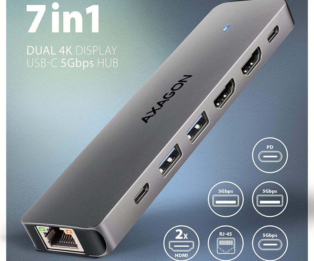 Alternative view of USB HUB AXAGON HMC-7HX2, 2xUSB3.2 Gen 2, 1xUSB-C, 2xHDMI, GLAN