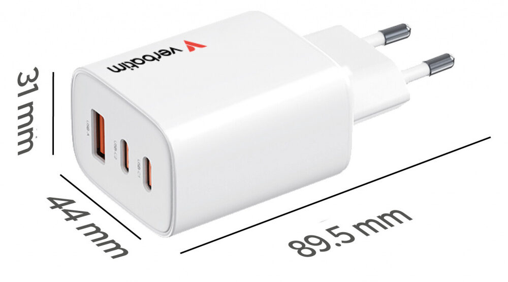 Alternative view of Verbatim GaN Essentials zidni punjač 65W, 2× USB-C i 1× USB-A, bijeli