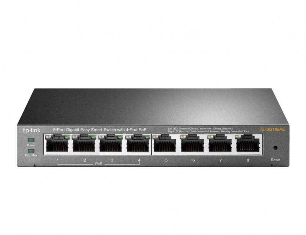 TP-Link 8-port Gigabit PoE Easy Smart preklopnik (Switch), 8×10/100/1000M RJ45, 4×PoE+, metalno kućište, 13" (64W)
