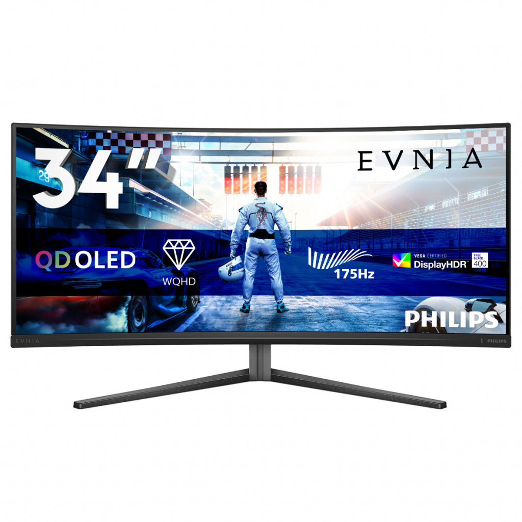 Philips Monitor Evnia 34M2C6500/00 34'' QD-OLED, 21:9, 3440x1440 (UltraWide QHD), 175Hz, 0.03ms, 250 cd/m2 (SDR), 1000 cd/m2 (HDR), 1,000,000:1, 2x HDMI 2.0, DisplayPort 1.4, 4x USB 3.2, Dark Slate Design, Adaptive-Sy