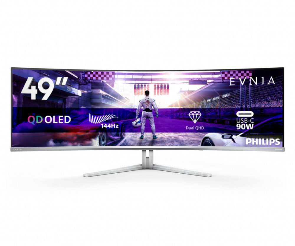 Philips Monitor Evnia 49M2C8900L/00 49" QD-OLED, 32:9, 5120x1440 (Dual QHD), 144hz 0.03ms, 250 cd/m2 (typical), 1,500,000:1, 2x HDMI 2.1, DisplayPort 1.4, USB-C (90W), 4x USB 3.2, Speakers (2x 7.5W tweeters, 2x 7.5W woofers), White Design, Adaptive