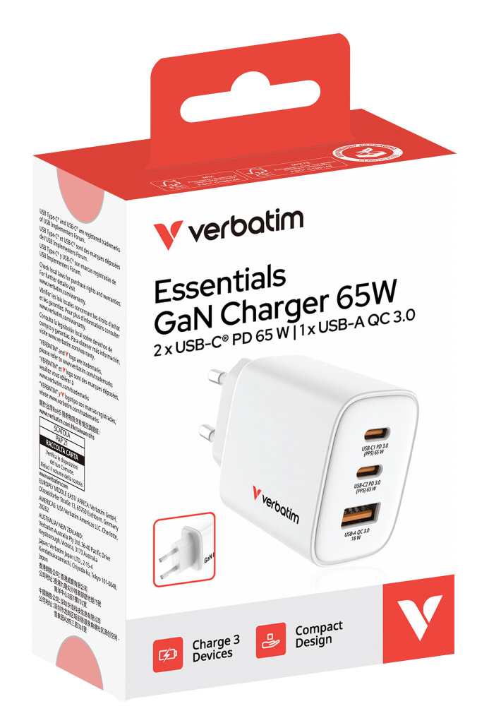Verbatim GaN Essentials zidni punjač 65W, 2× USB-C i 1× USB-A, bijeli - Slika 3