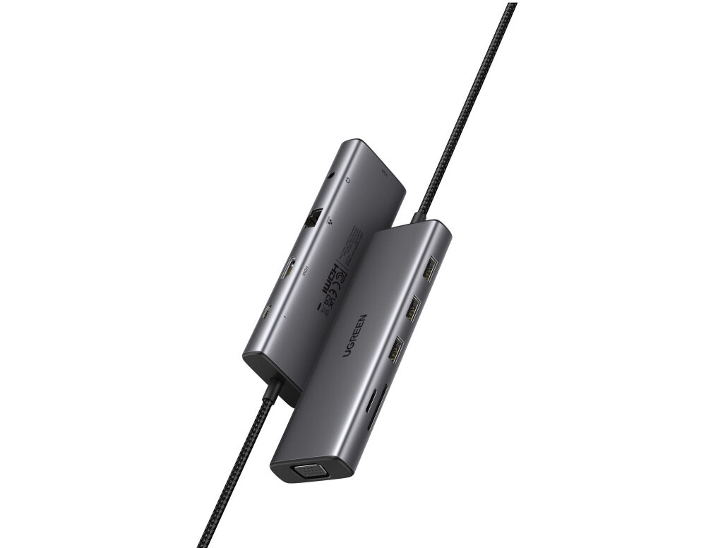 UGREEN 10-portni USB-C HUB 3×USB-A 3.0, 1xUSB- C PD, VGA, 4K, HDMI, 1xG-LAN, 1xSD, 1xTF, 3.5mm, sivi
