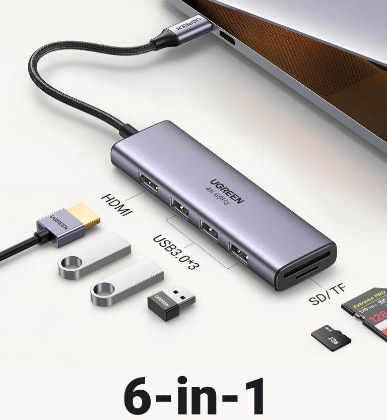 UGREEN 6-portni USB-C HUB 3xUSB-A 3.0, 1xHDMI 4K 60Hz, 1xSD, 1xTF, sivi
