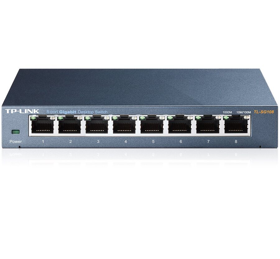 Switch TP-Link TL-SG108, 8-port Metal Gigabit Switch, 5 10/100/1000M RJ45 ports, supports GMP Snooping IEEE 802.1p QoS Plug and Play metal case