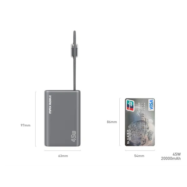Power Bank MaxMobile T205ALP 20000mAh 45W PD, 2xType-C + Lighting, sivi
