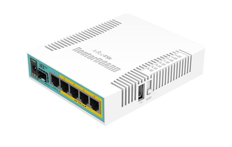Mikrotik RB960PGS, hEX PoE, 800MHz CPU, 128MB RAM, 5×Gigabit LAN, (4×PoE izlaz), SFP, USB, RouterOS L4, plastično kućište, PSU