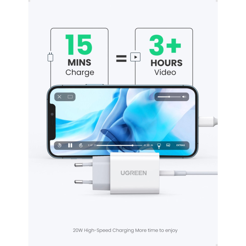 Alternative view of UGREEN zidni punjač 20W, USB-C, PD3.0/QC4.0, bijeli + USB-C/Lightning kabel 1.0m