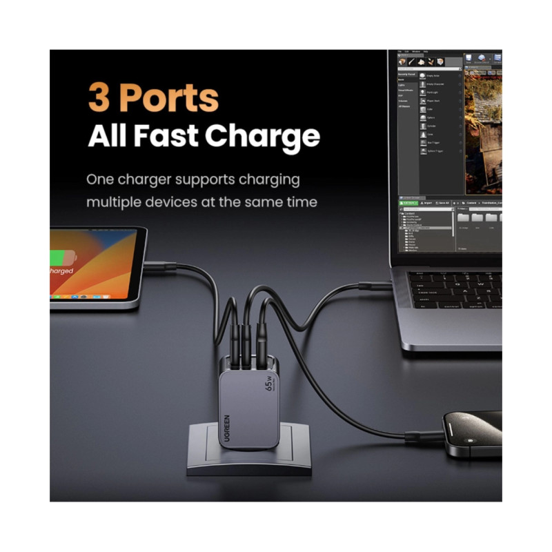 Alternative view of UGREEN Nexode Pro zidni punjač 65W, 2x USB-C, USB-A, USB-C kabel, GaN, sivi