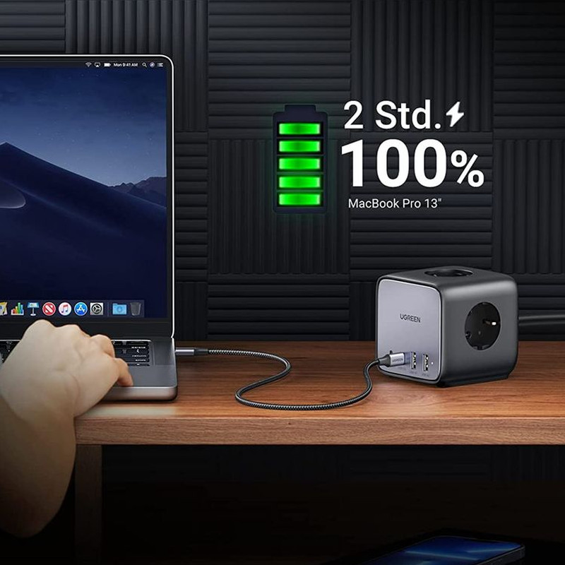 Alternative view of UGREEN DigiNest Cube, univerzalni punjač, 65W, 3x ŠUKO utičnica, 2x USB-C, 2x USB-A, 1.8m, crno sivi