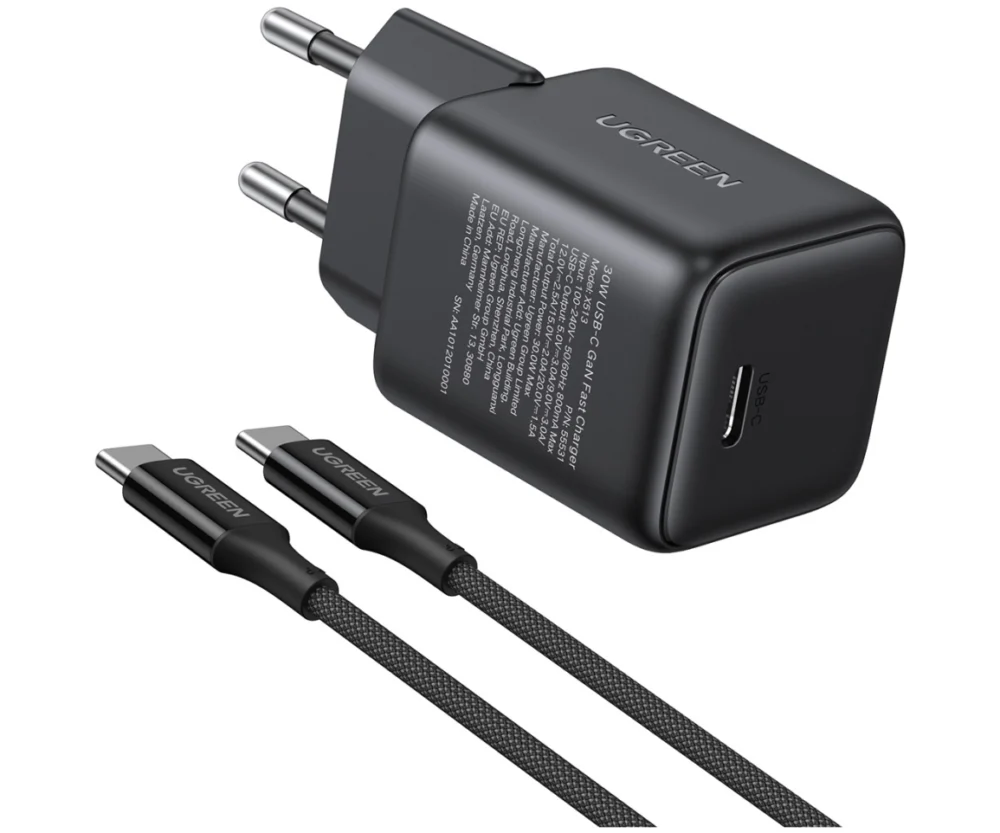 UGREEN zidni punjač 30W, USB-C, GaN, crni + USB-C kabel, 1m