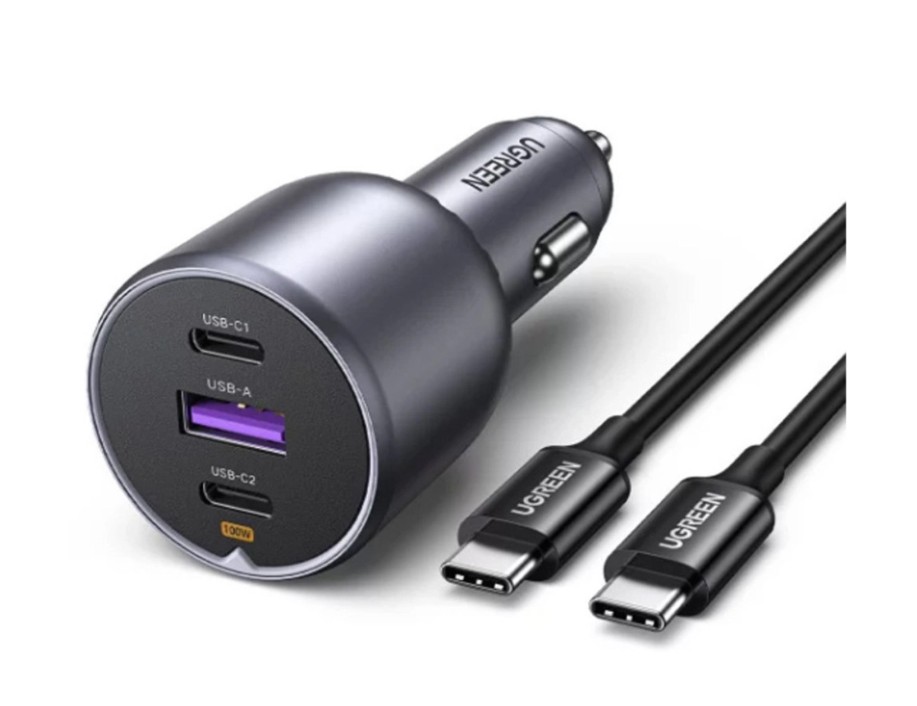 UGREEN auto punjač, 130W, 2x USB-C, USB-A, PD, sivi