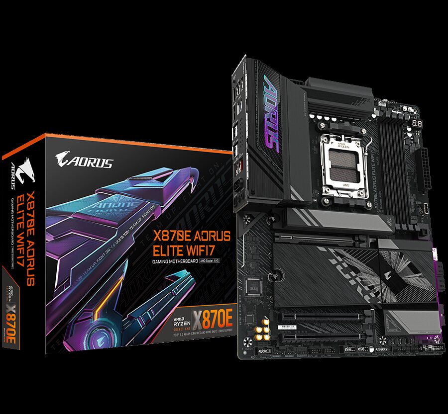 GIGABYTE MB X870E AORUS ELITE WIFI7 (AM5, 4x DDR5 256GB, 1x PCI-E 5.0 x16x16, 1x PCI-E 4.0 x16x4, 1x PCI-E 3.0 x16x2, 3x M.2 PCIe 5.0 & 1x M.2 PCIe 4, 4x SATA, 2x USB4 Type-C, 6x USB 3.2, 3x USB 2.0, 1x HDMI, Realtek Wi-Fi 7, 2.5GbE LAN, ATX)
